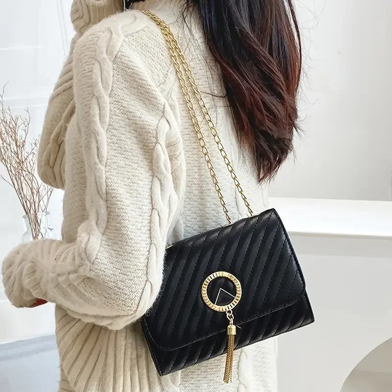 Women's Strip Quilted Shoulder Bag, Chain Strap Crossbody Bag, Elegant Tassel Decor Flap Bag For Work