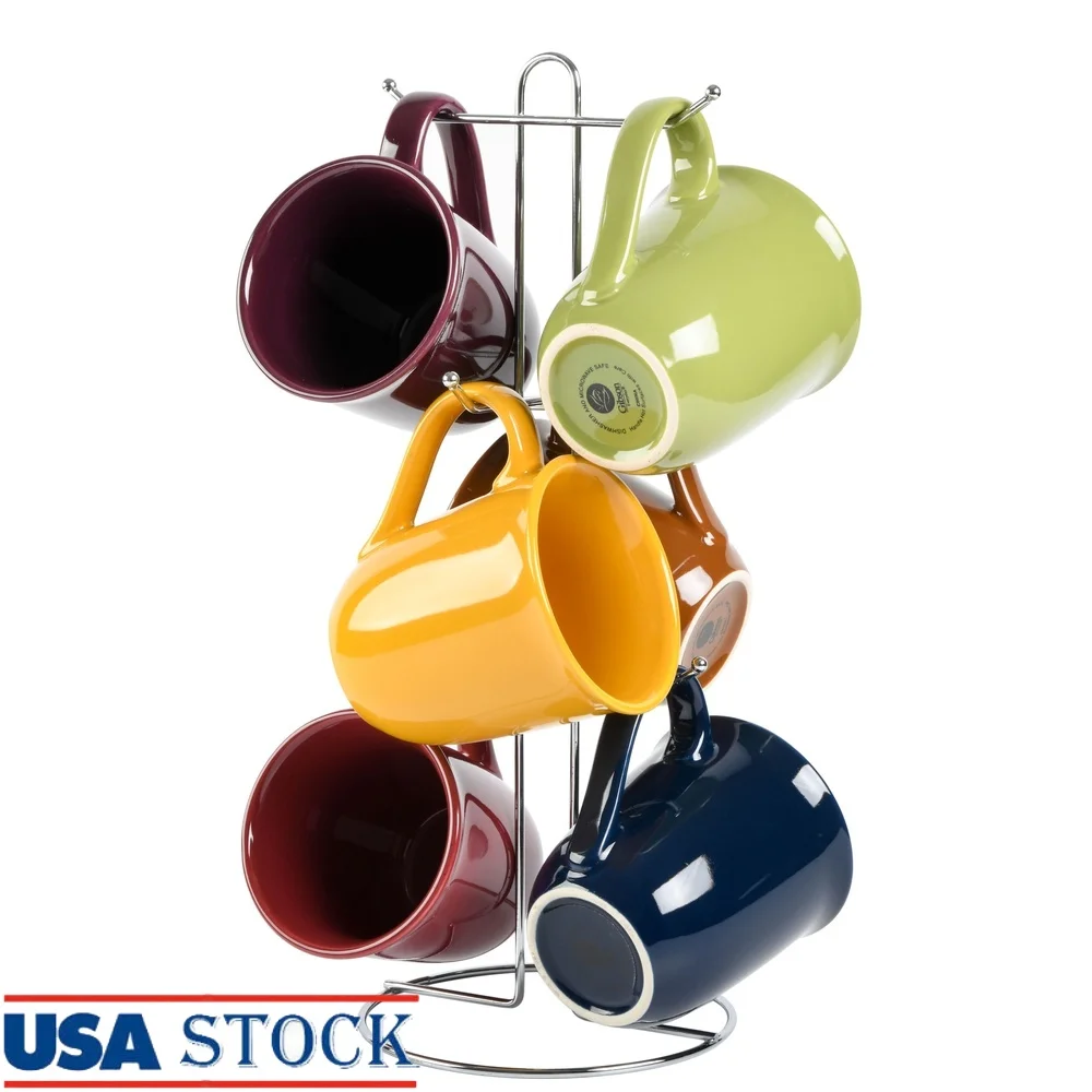 

Assorted Ceramic Mug Set of 6 with Metal Rack Dishwasher Microwave Safe Ideal Everyday Use and Entertaining
