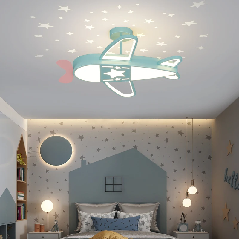 Airplane Chandelier for Children Starry Night Pendant Lamp Blue Aircraft Girls Boys Bedroom Study Ceiling Lamp Люстра Потолочная