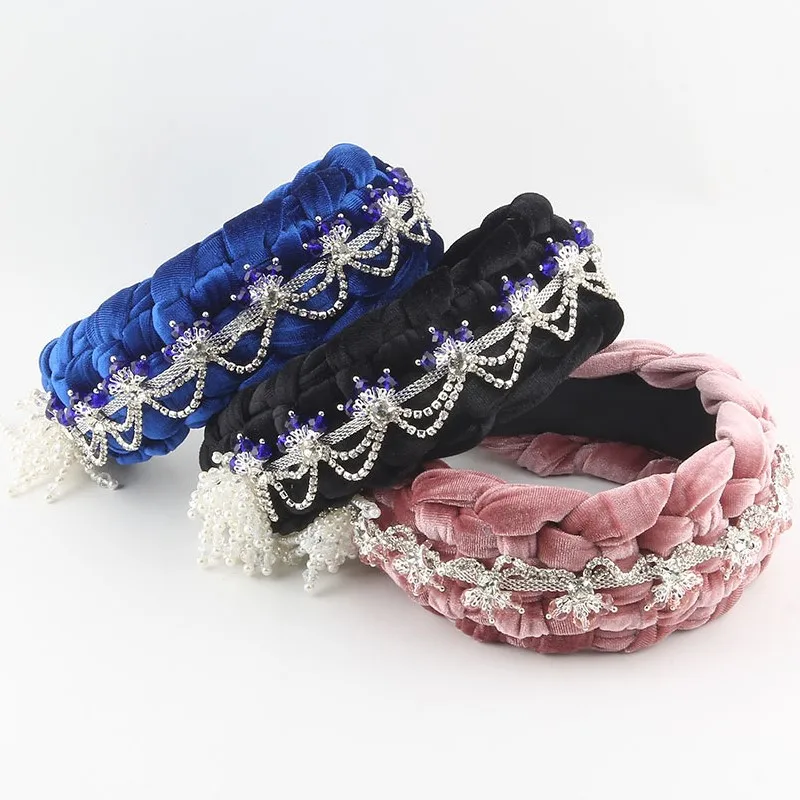 

Толстая повязка на голову со стразами для женщин, черная, синяя, розовая, бархатная повязка на голову, винтажные ленты для волос, эластичные аксессуары для волос