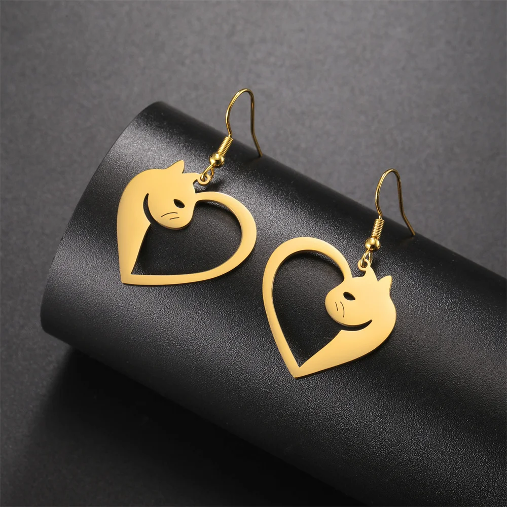 Fashion Cute Cat Dangle Earrings Women Girl Hollow Heart Pendant Drop Earring Stainless Steel Animal Jewelry Party Gifts New