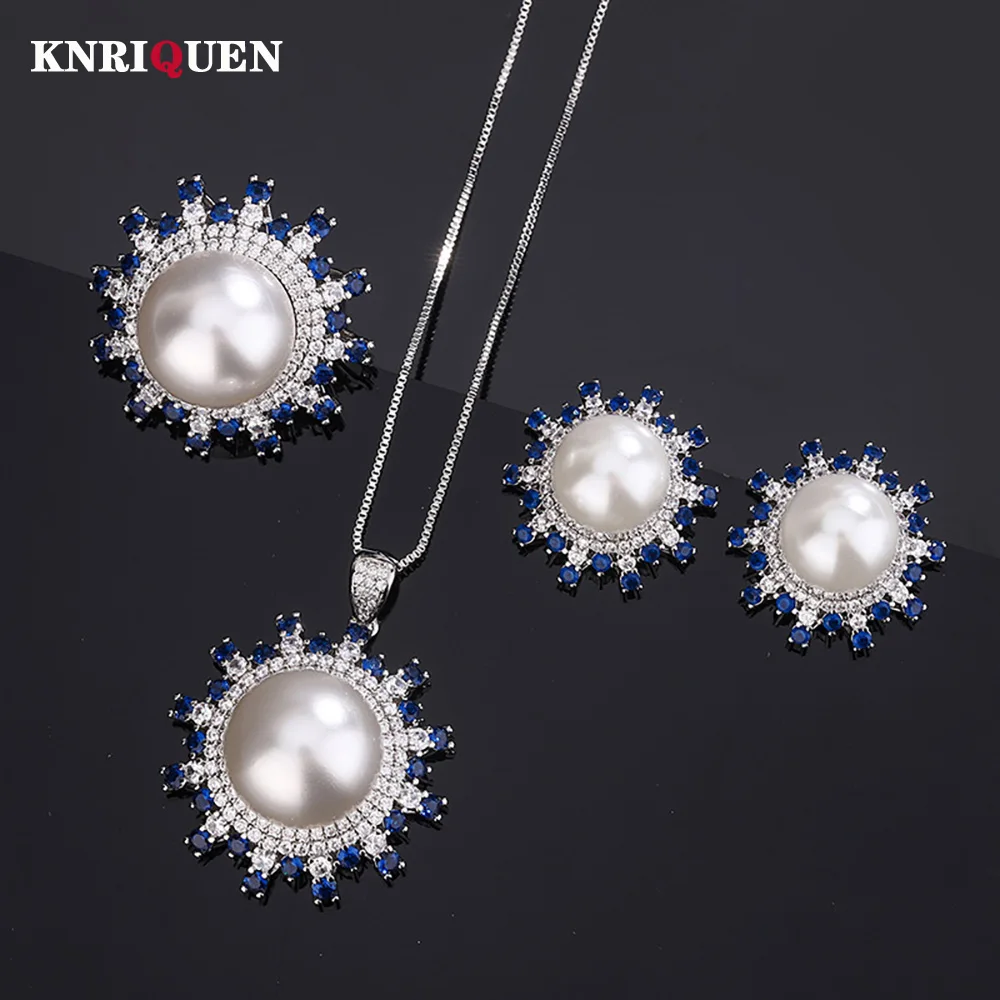 Luxury 12-16mm White Pearl Gemstone Sapphire Pendant Necklace Ring Earrings for Women Wedding Jewelry Sets Lady Gift Statement