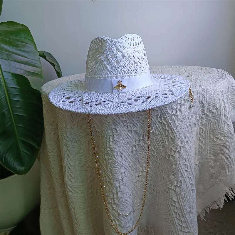 White Malan Flower Straw Hat Punk Pearl Chain DIY Supports All Kinds of Hat Customization New Punk Hats for Men and Women