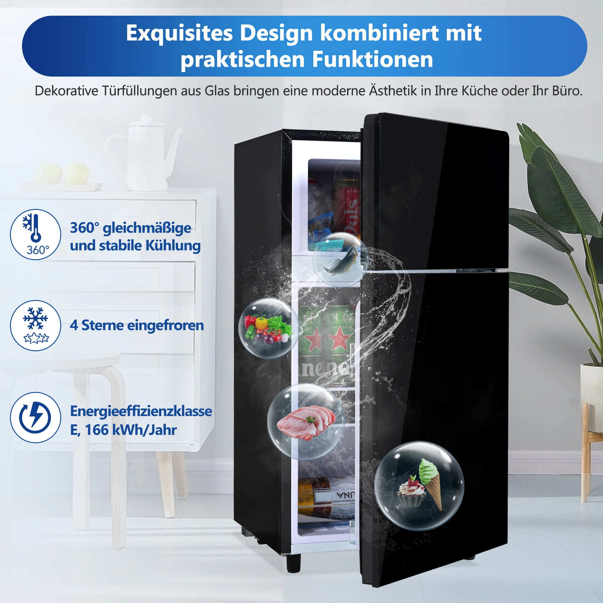 EU 72L mini refrigerator, black 39dB, Level 7 temperature control, LED lighting, R600 refrigerant 120kWh/ year