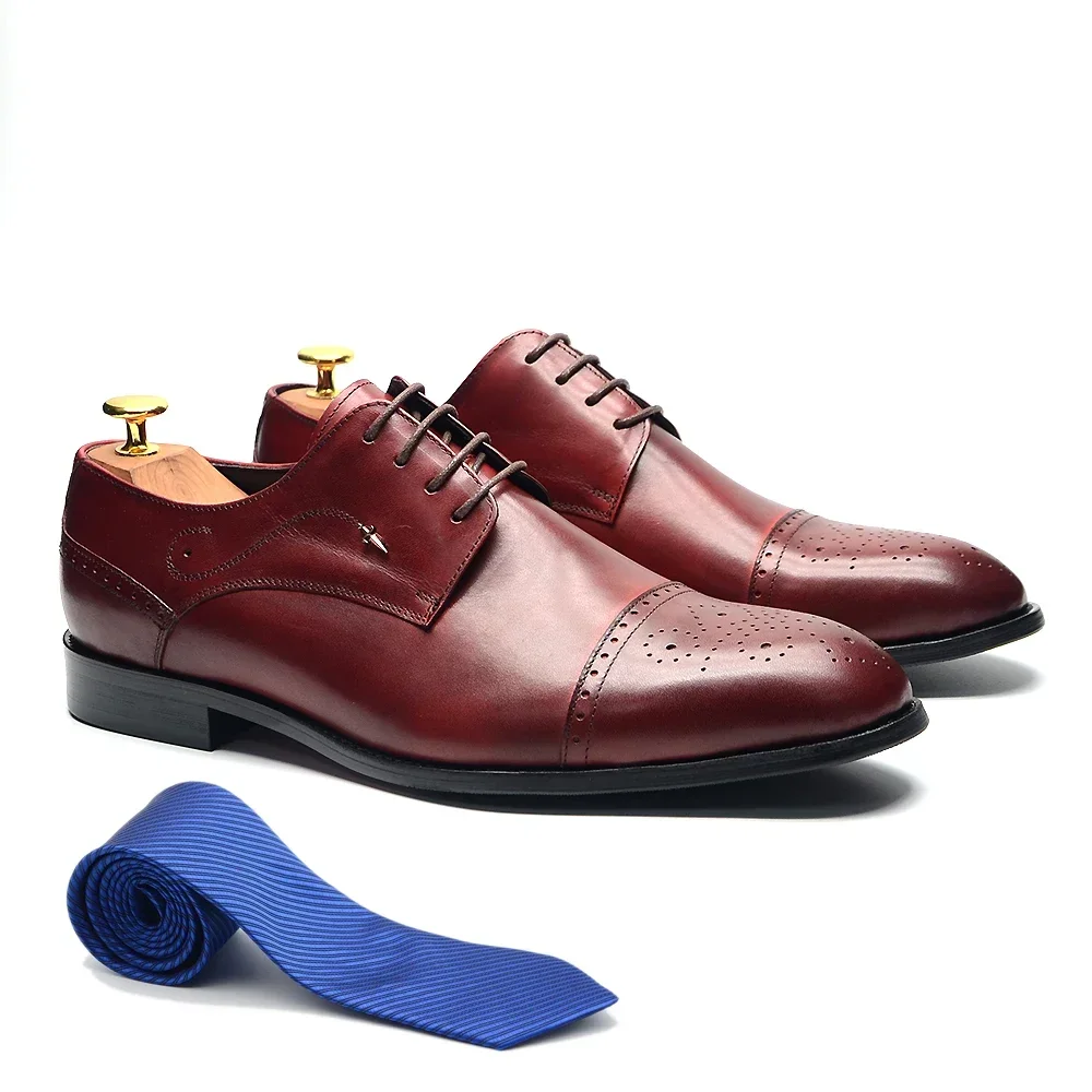 Italian Luxury Men's Formal Derby Shoes Genuine Leather Cap Toe Brogue Burgundy Black Lace-up Business Wedding Dress Shoes Man