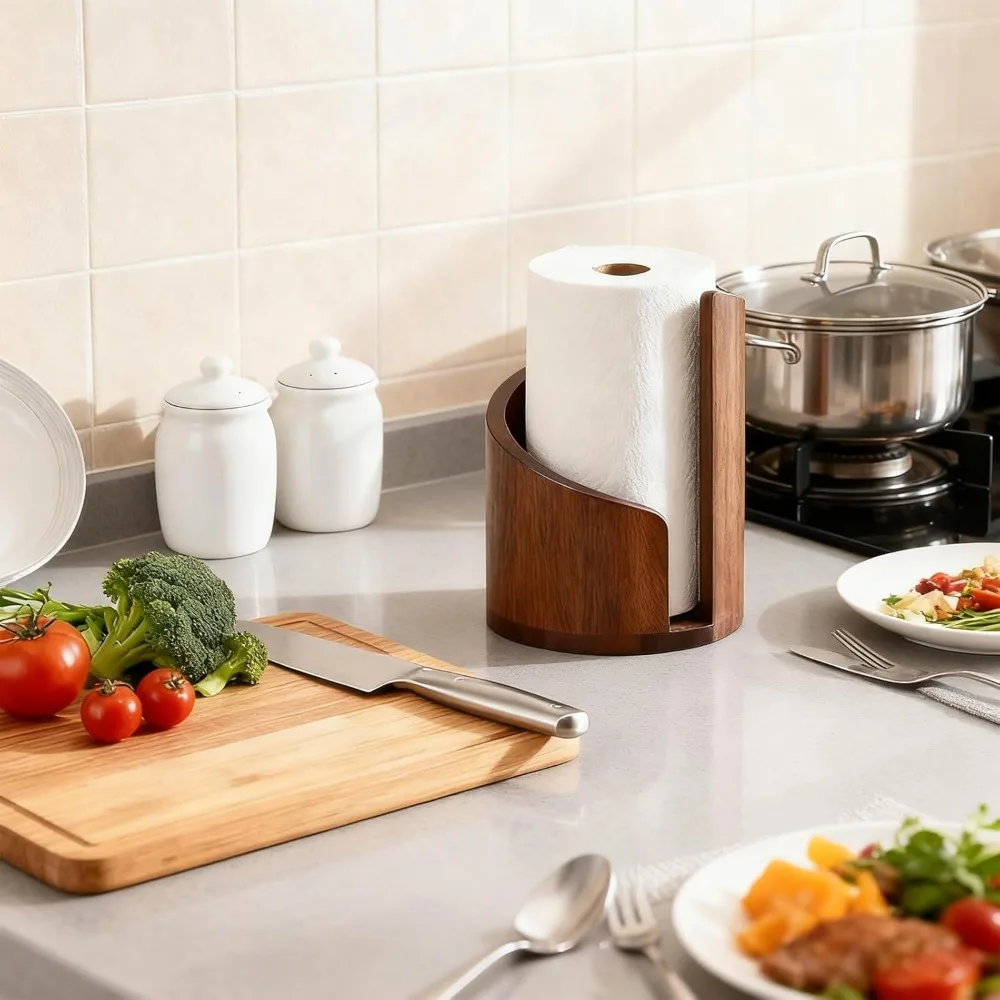 Paper Towel Holder Natural Mango Wood Base with Iron Rod No Install Countertop Stand Kitchen Decor Wooden Desktop Tissue Holder