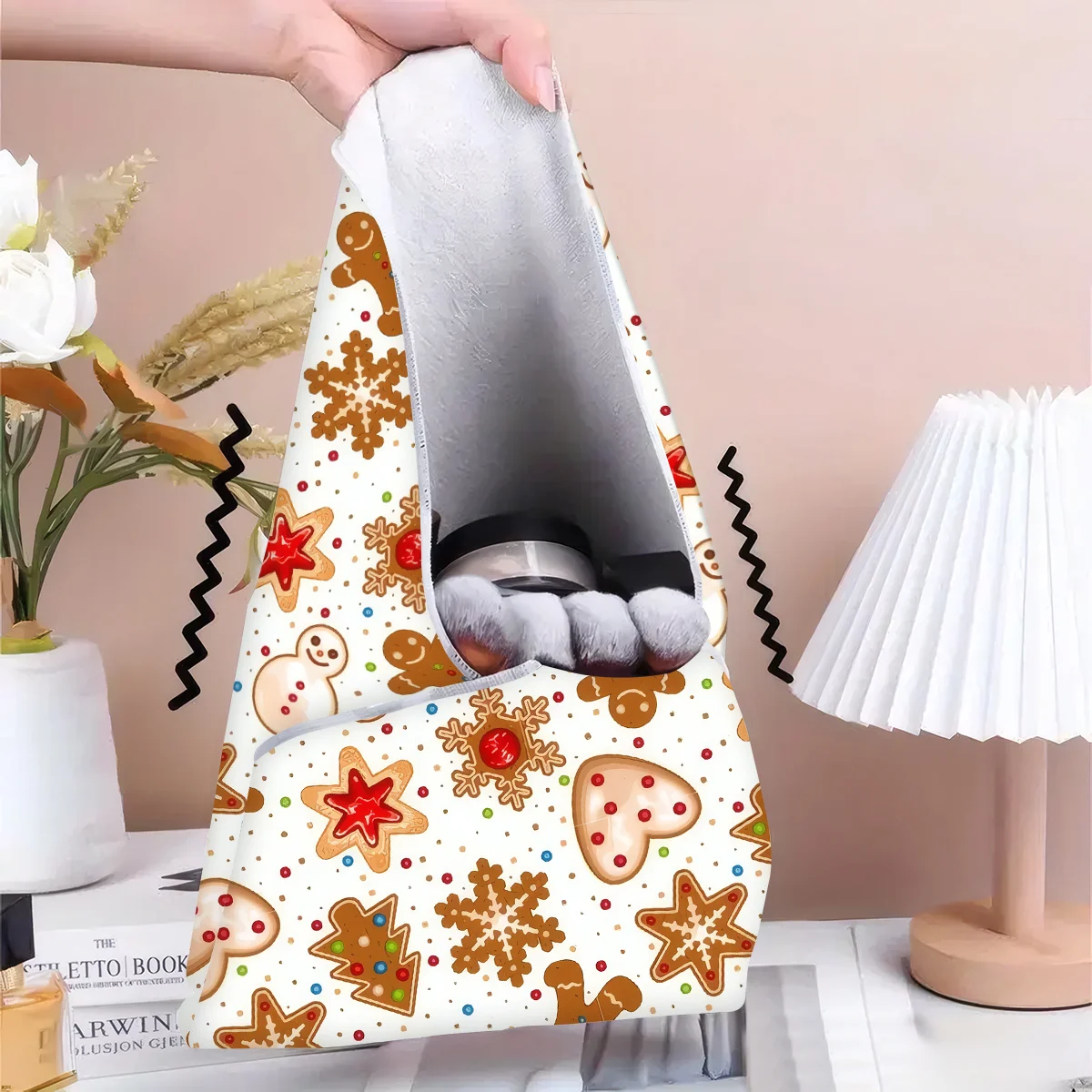 1pc Christmas Multifunctional Magic Sticky Cloth Cartoon Gingerbread Snowman And Star Prints Makeup Bag Camera Protective Cover
