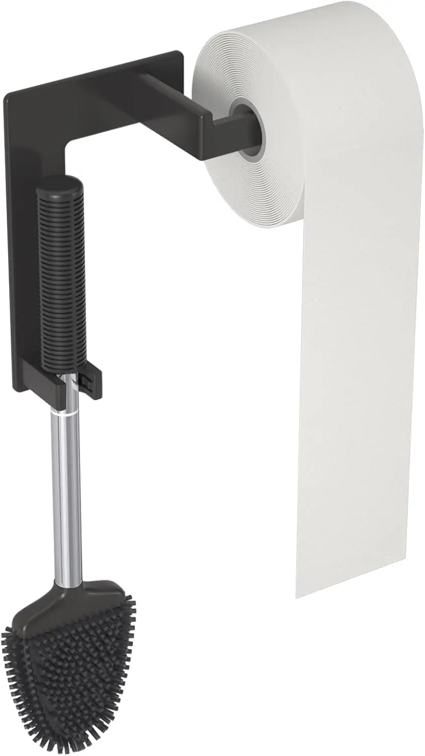 Toiletrolhouder met borstel 2 in 1 zelfklevend zwart, badkamer WC-set zonder boren siliconen TPE organizer