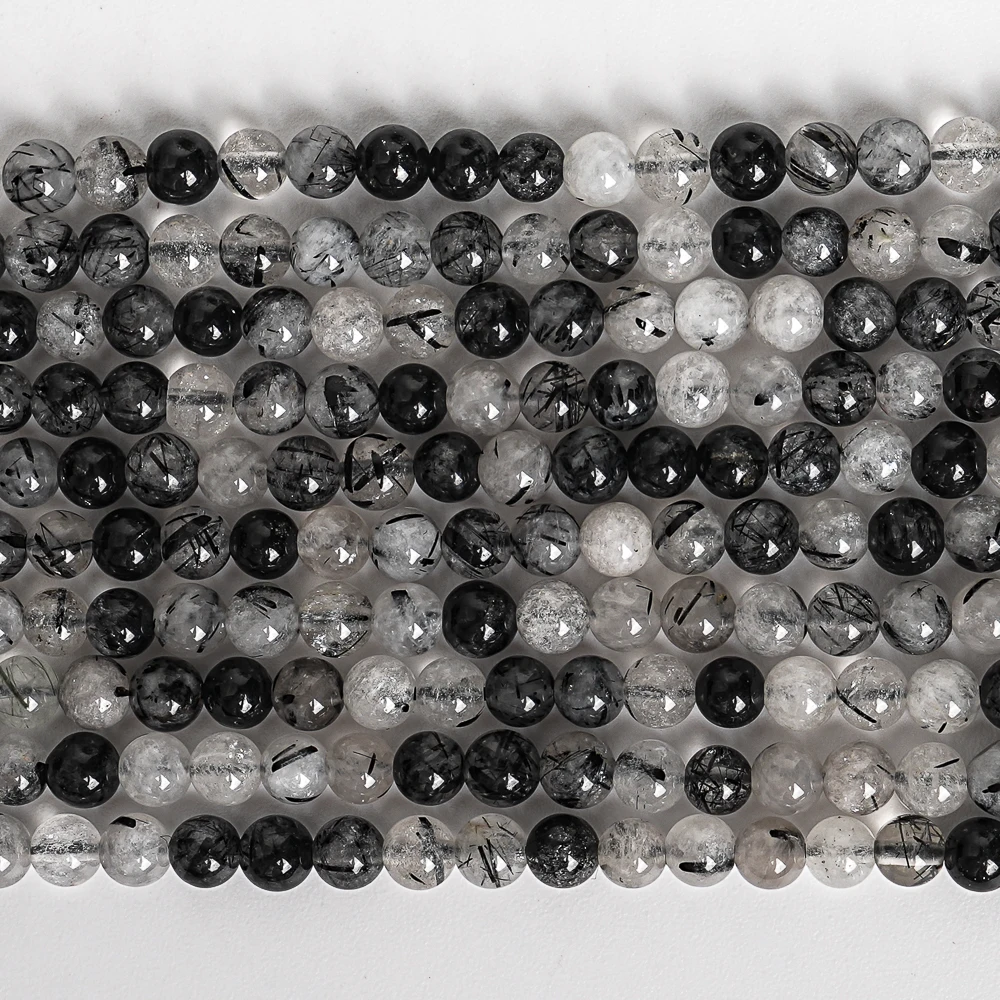 Perles de Quartz Rutilé Noires et Blanches Naturelles, Petites Perles Rondes de 4mm, pour Fabrication de Bijoux, Colliers et Bracelets de la raq