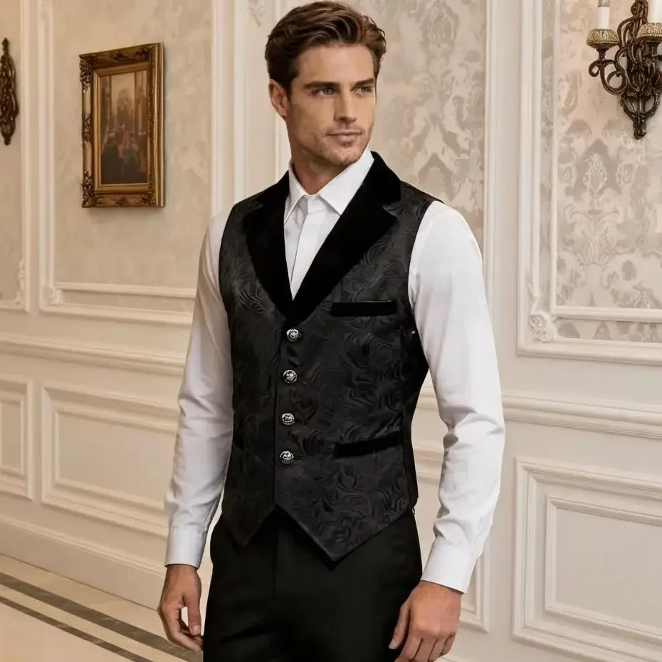Men Vintage Victorian Jacquard Vest, Lapel Single Breasted Waistcoat with Adjustable Waist for Wedding Banquet Cosplay