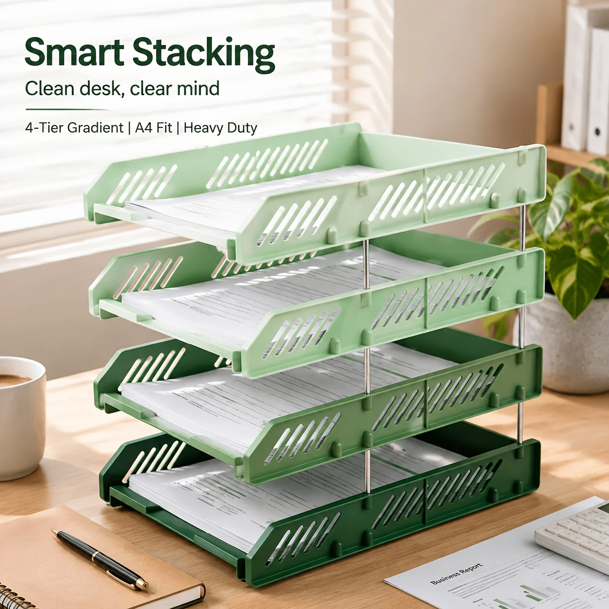Gradient Green Detachable 4‑Layer Plastic File Box, Stackable Desktop Storage Basket for Papers, Books and Office Stationery