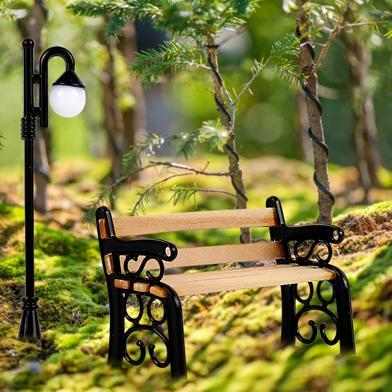 Wooden Park Bench & Street Lamp Micro Landscape Figurines Doll House Furniture Miniature Decor Toy DIY Craft Home Decoration