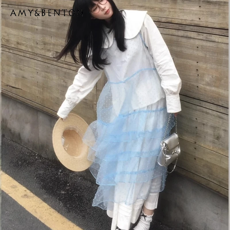 

Japanese Blue Embroidered Polka Dot Organza Women's Dress Original Design Stacked Tulle Double-layer Ruffle Edge Dresses ladies