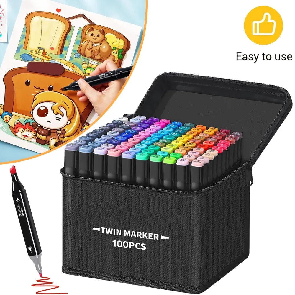 Ensemble de 100 marqueurs colorés, stylos de coloriage à double pointe, stylos artistiques pour le dessin, l'esquisse, les livres de coloriage d'anime et de manga, avec sac noir et base de rangement