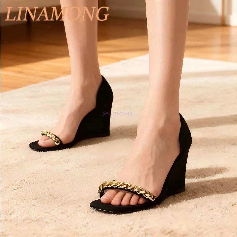 

Chain Wedge Heel Square Toe Sandals Black Fashionable Suede Leather Splicing Style Versatile Set Exposed Toes and High Heels
