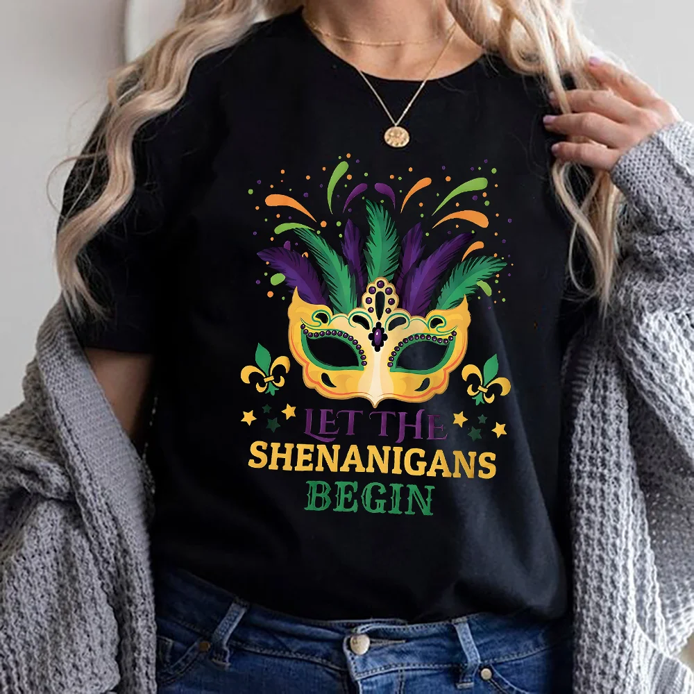 Mardi Gras Shirt Let The Shenanigans Begin Shirts Women Short Sleeve Mardi Gras Mask TShirt Mask Graphic Funny Top Tee