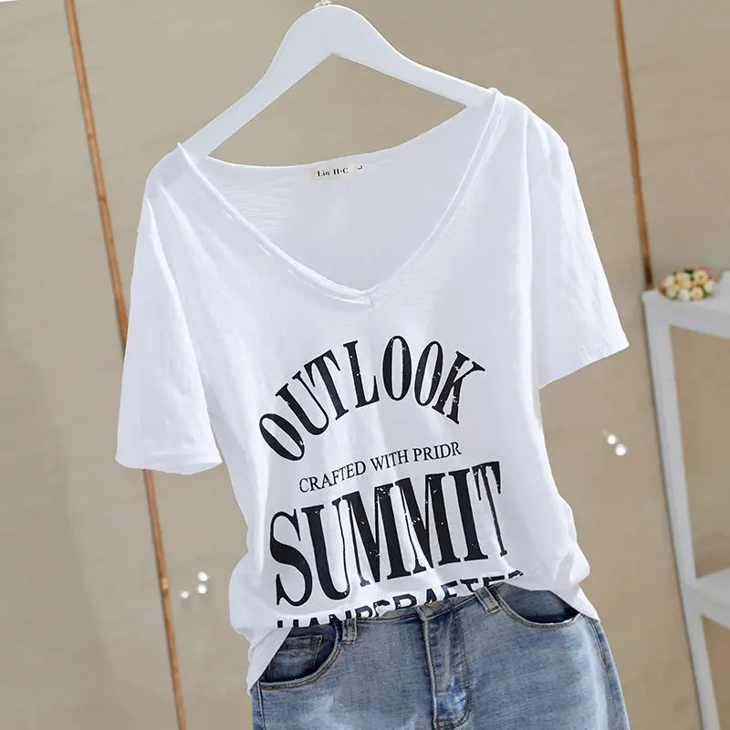 Casual V Neck Printing Letter T Shirts Summer New Short Sleeve Solid Loose Plus Size Vintage Tops Fashion Trend Women Clothing