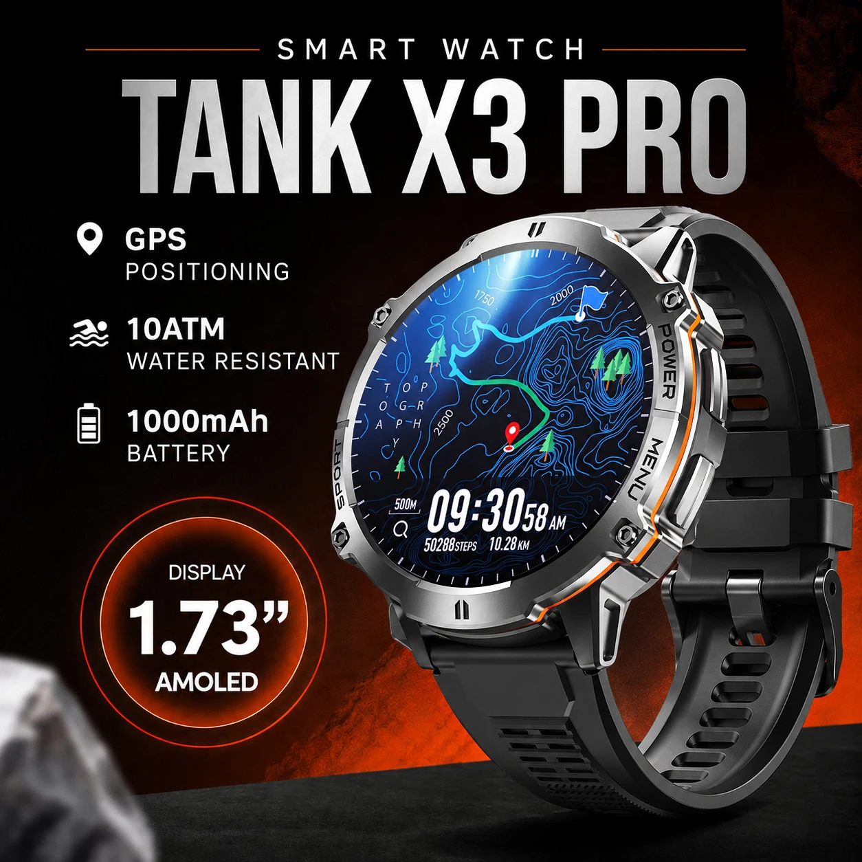 2026 New TANK X3 PRO GPS Smart Watch For Men 1000MAH battery 10ATM Waterproof Compass Altimeter barometer 170+Sports Smartwatch