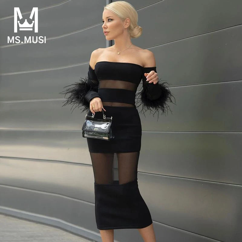 

MSMUSI 2023 New Fashion Sexy Off The Shoulder Feather Lace Mesh Hollow Out Long Sleeve Bandage Party Club Bodycon Midi Dress