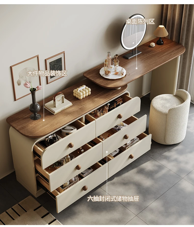 

Medieval solid wood dresser storage cabinet integrated cream simple chest bedroom bedside cabinet retro makeup table storage