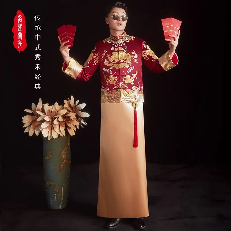 

Vintage Elegant Oriental Embroidery Tang Suits Clothing Groom Wedding Qipao Dress Hanfu Chinese Style Wedding Toast Costumes