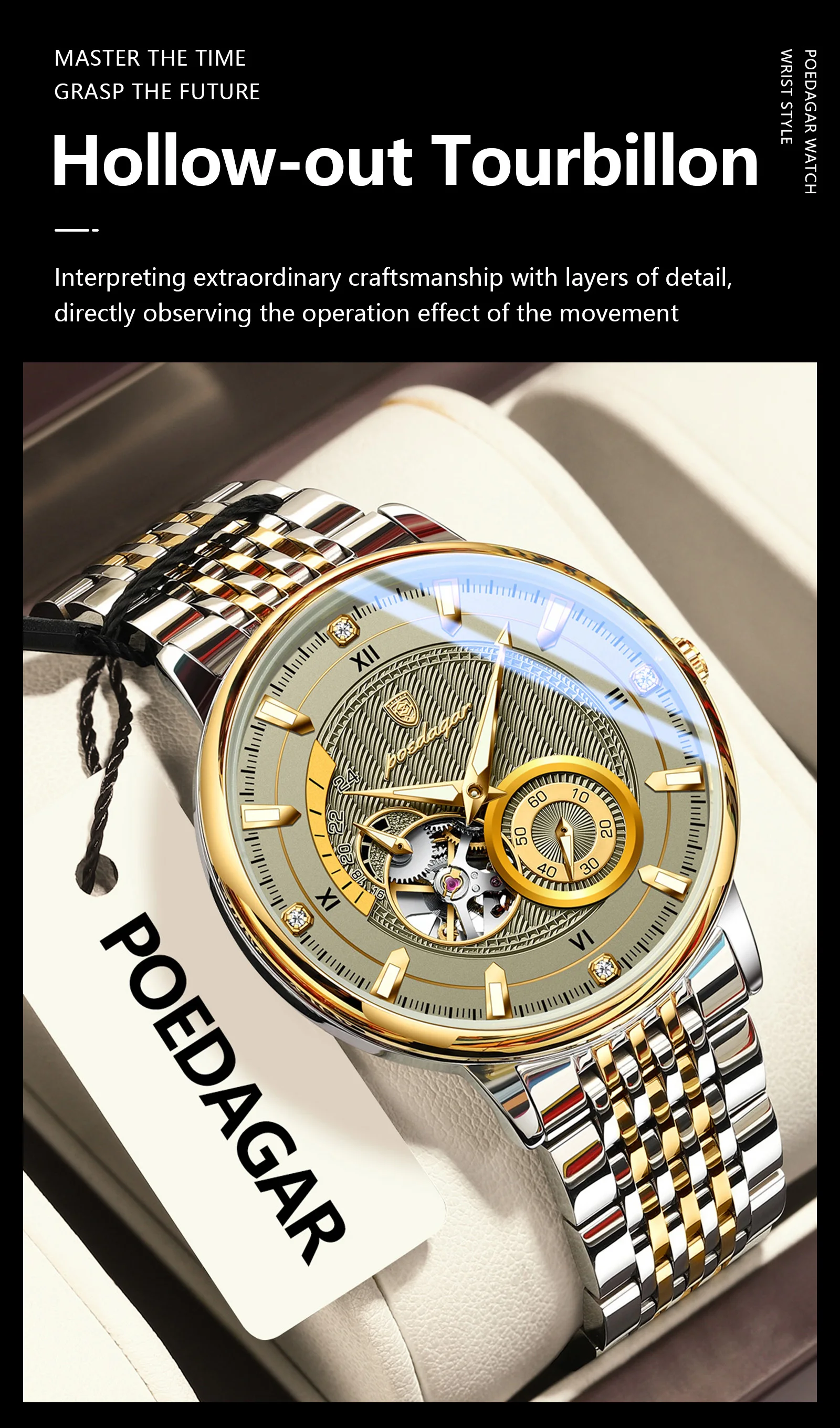 POEDAGAR Top Luxus Mann Armbanduhr Leucht Hohl Tourbillon Edelstahl Männer Uhr Mechanische Automatische herren Uhren Reloj – Detail 5