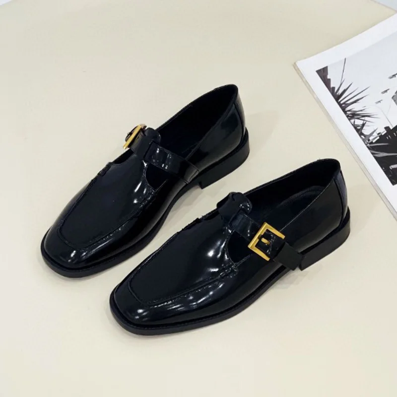 Mrxmus Dutit Minimalist Shallow Cut Flat Shoes 2024 Summer New Black Square Head Retro Needle Button Lefu Shoes Female