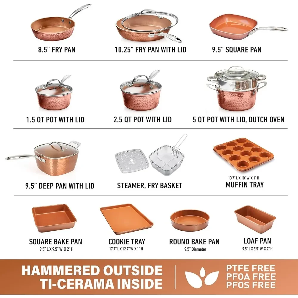 Hammered Copper Collection – 20 Piece Premium Pots and Pans Set Nonstick Ceramic Cookware + Bakeware Set