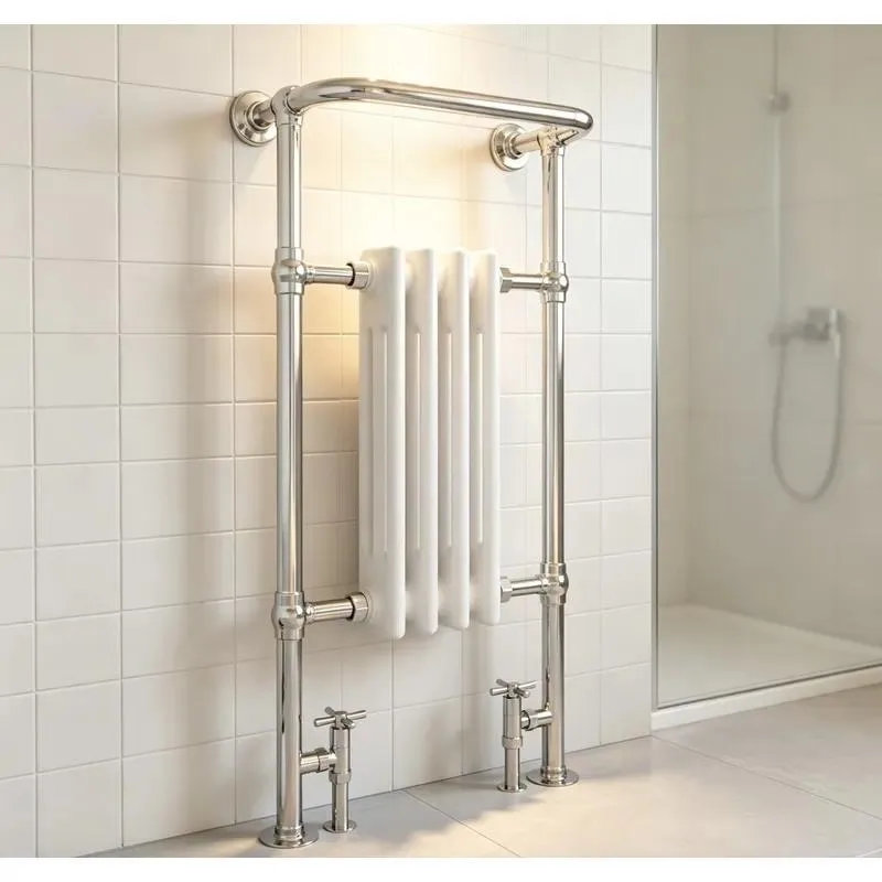 Vintage Floor to Ceiling Chrome Tube Towel Rack with Cast Iron Heated Stem Bathroom Storage Organizer