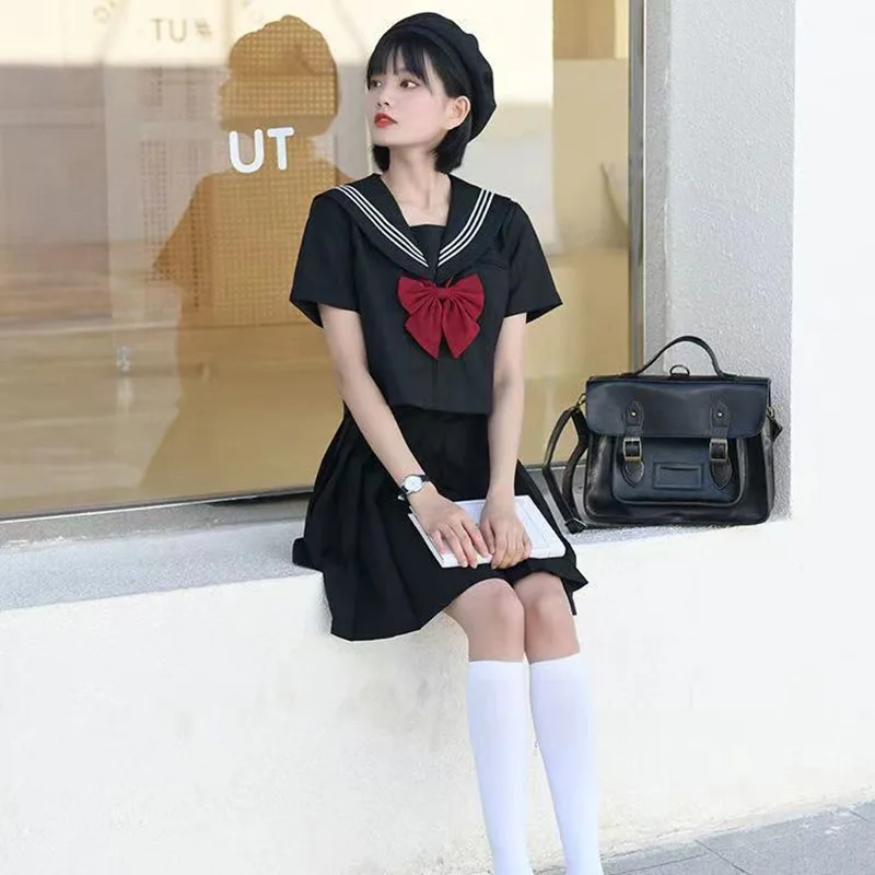 Uniforme escolar japonês meninas plus size jk terno gravata vermelha preto três básicos uniforme de marinheiro feminino terno de manga longa