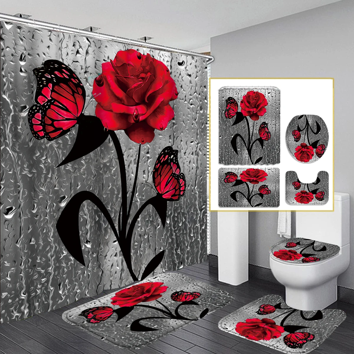 1/4 Piece Shower Curtain Set, Waterproof Bathroom Partition Curtain with Hooks, Anti-Slip Bath Rug, U Shape Mat, Toilet Seat Cov