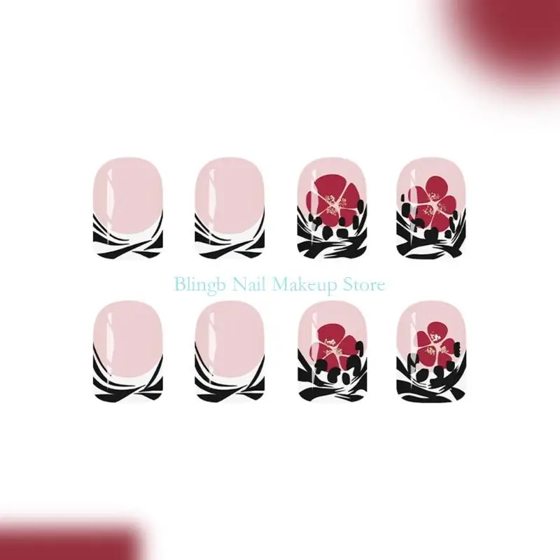 24のグリッターのネイルパックの28taプラスチックプレスブラックストライプと赤い花芸術秋の冬のパーティー爪複数のサイズ