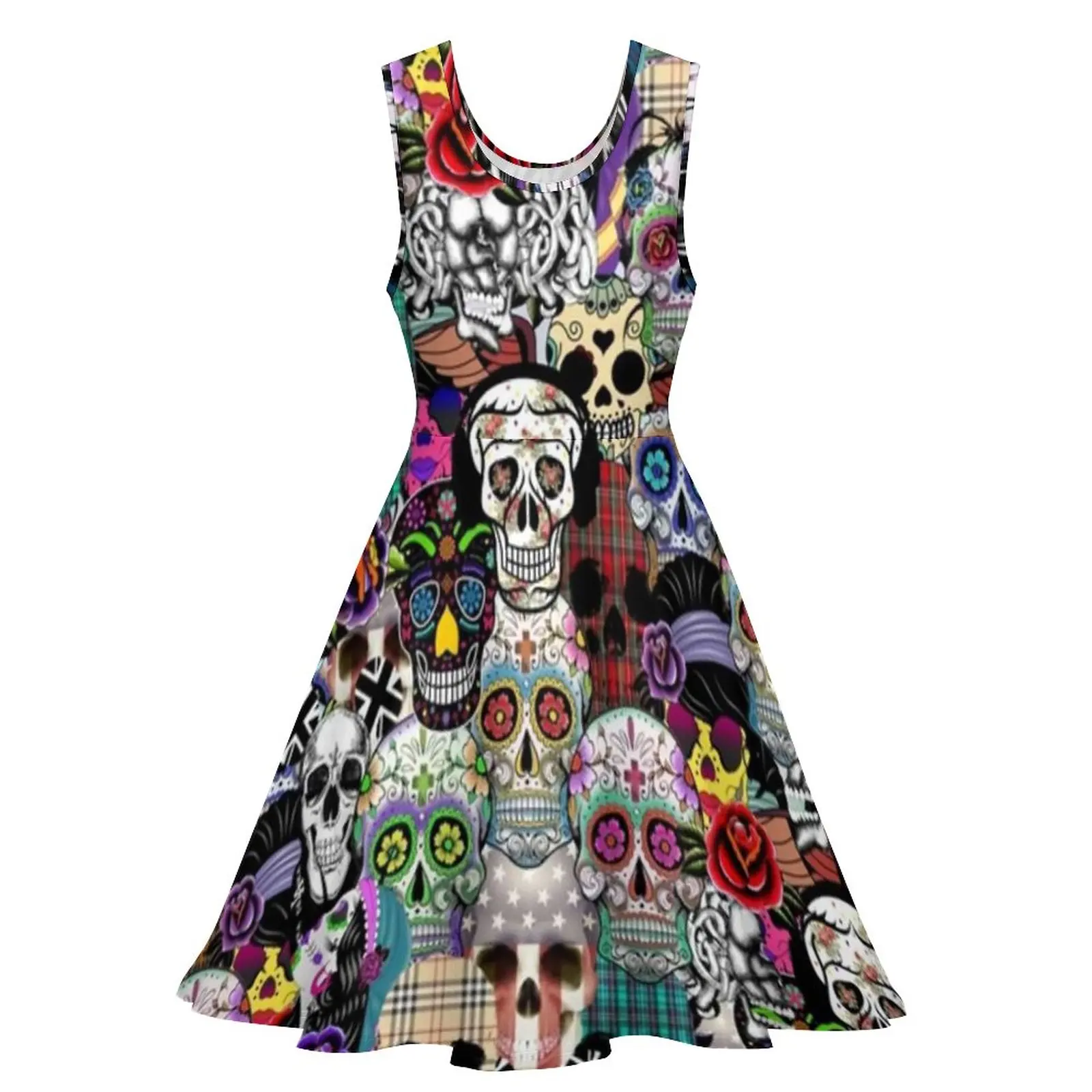 Colorful Sugar Skull Dress Abstract Plaid Skulls Design Night Club Dresses Streetwear Big Size Skate Dress Women Date Vestidos