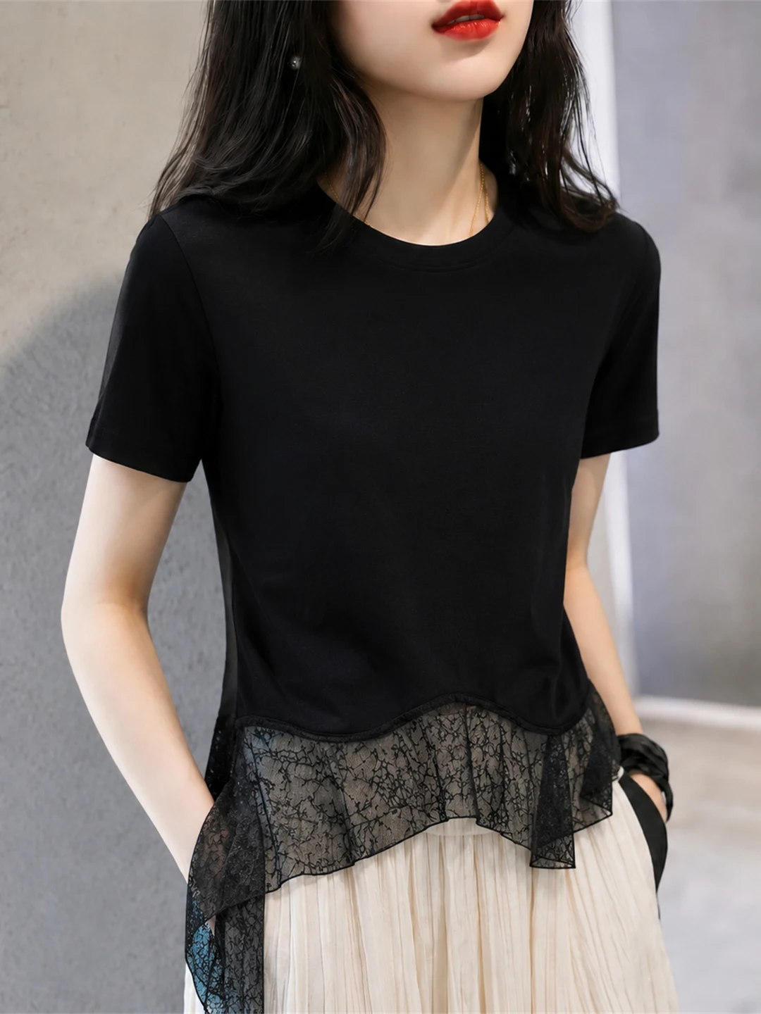 

Summer Lace Splice High-End Short Sleeve T-Shirt Korean Style Commute round Neck Skin-friendly Sun Protection Top Women's Fas...