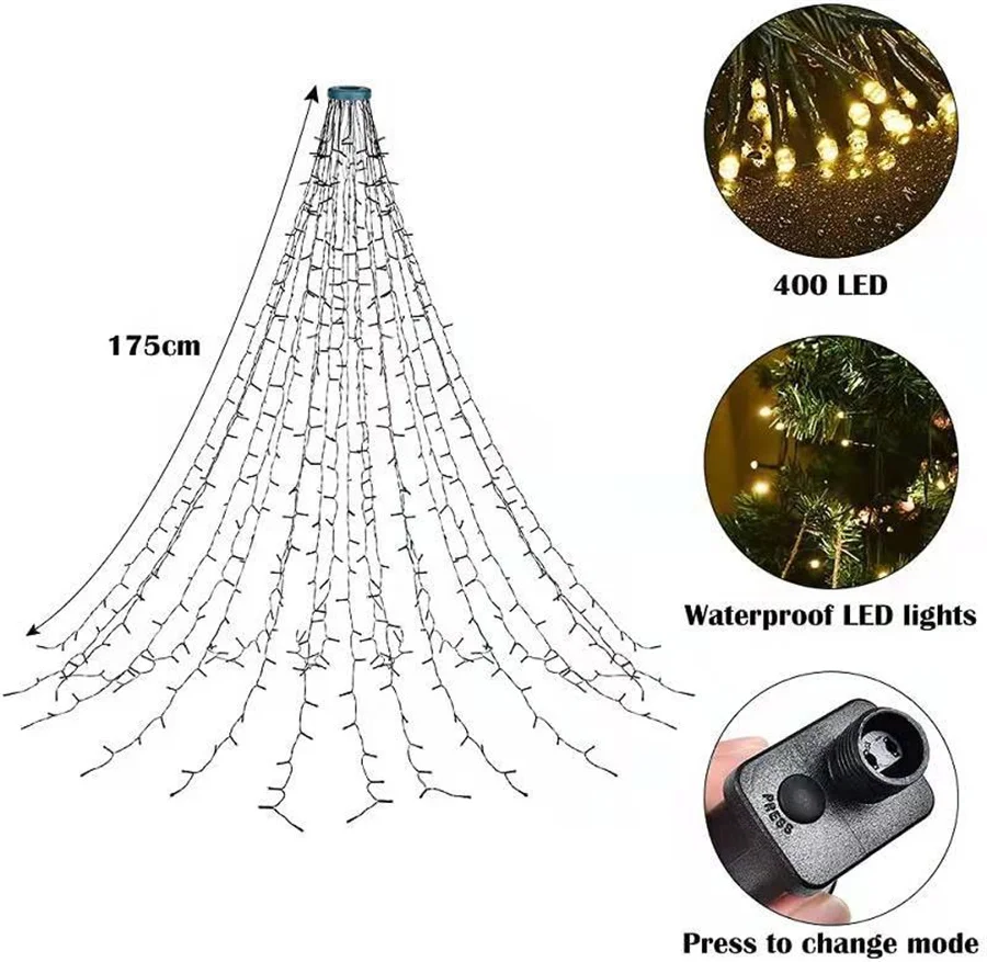 Lampu untaian karangan bunga Natal LED 280/400LED, lampu taman peri luar ruangan tahan air 8 mode untuk dekorasi pohon Natal pesta pernikahan