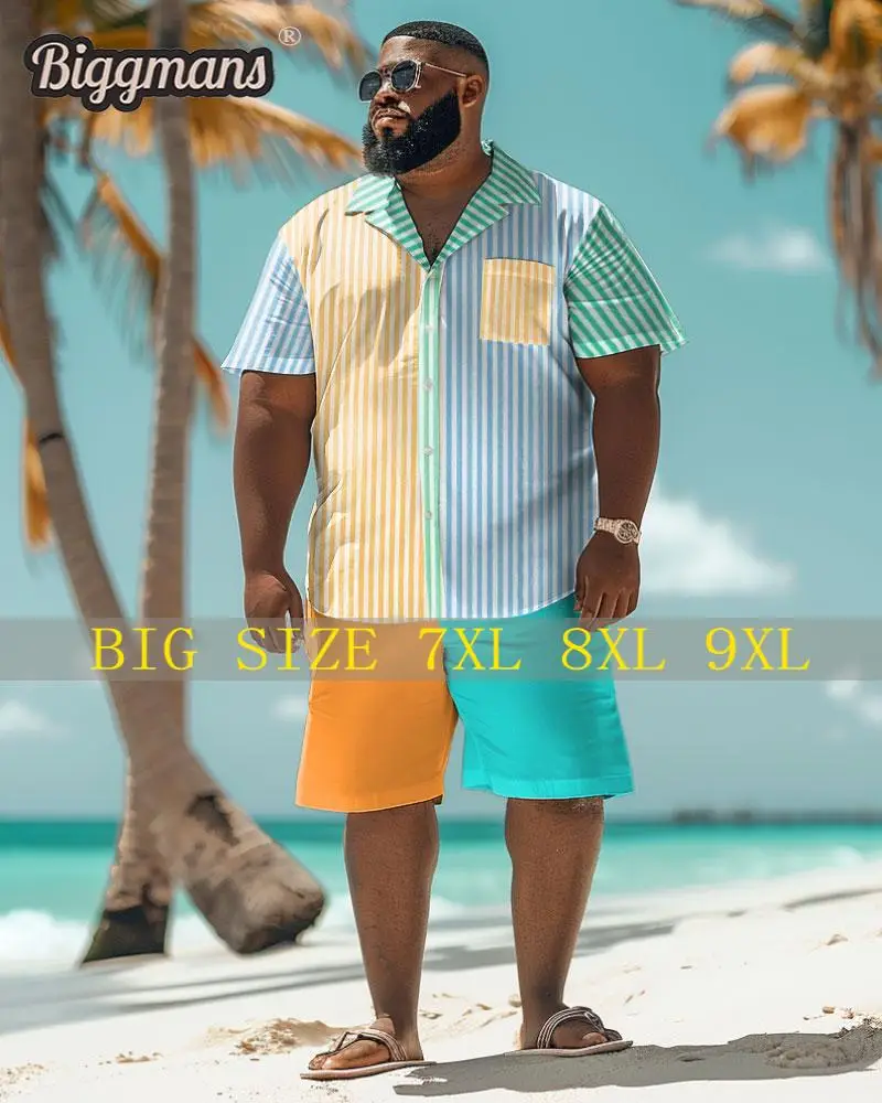 Biggmans Shirt Plus Size Set L-9Xl for Summer Beach Clothing Oversize Hawaii Suit Hawaiian Colorful Block Print Shorts 7XL 8XL