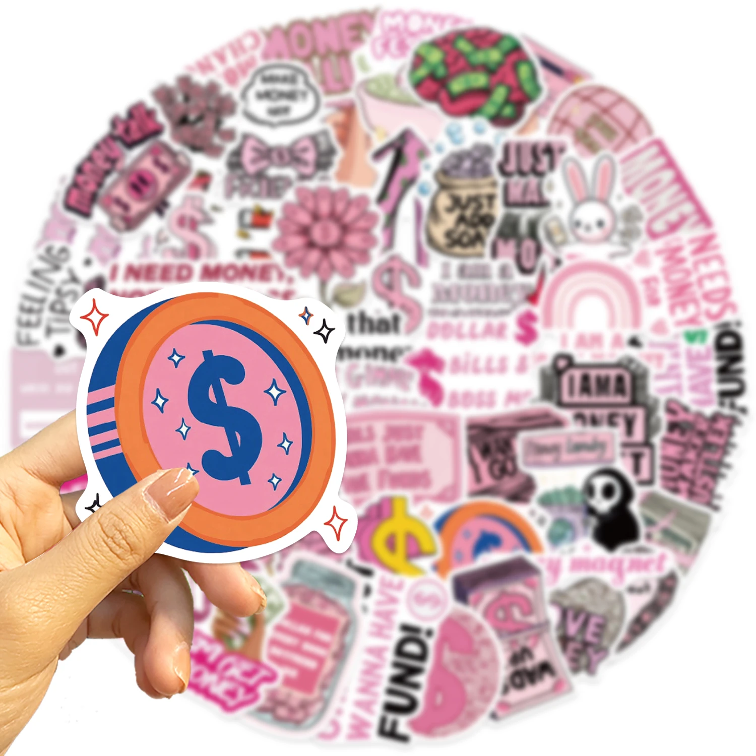 50PCS Pink Money Graffiti Stickers Decorated Laptop Motorcycle Suitcase Classic Toy Clipboard Waterproof PVC Decals