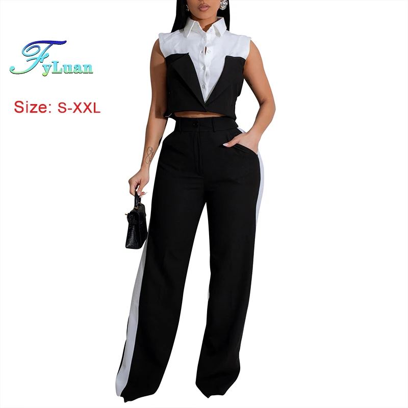 

Элегантные женские комплекты 2021, красочная рубашка без рукавов с отложным воротником, топ и прямые длинные брюки, комплект из двух предметов, повседневный спортивный костюм