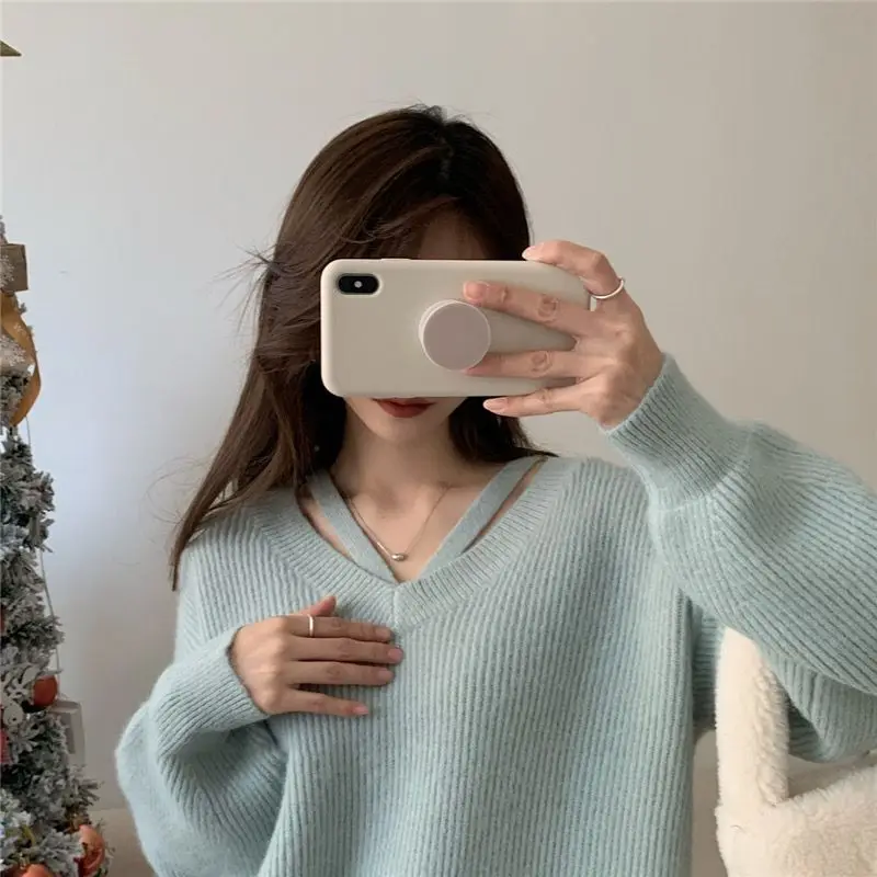 سترة نمط كسول لخريف وشتاء المرأة فستان خارجي فضفاض النمط الغربي متوسطة طويلة محبوك سترة بأكمام طويلة