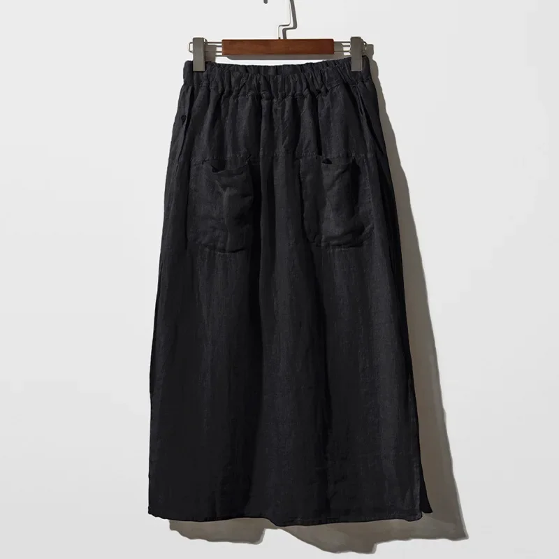 Vintage Women\'s Summer Pants 100% Linen Wide Leg Pant Skirt Pocket Elastic High Waist Loose Casual Loose Trousers Female Bottom
