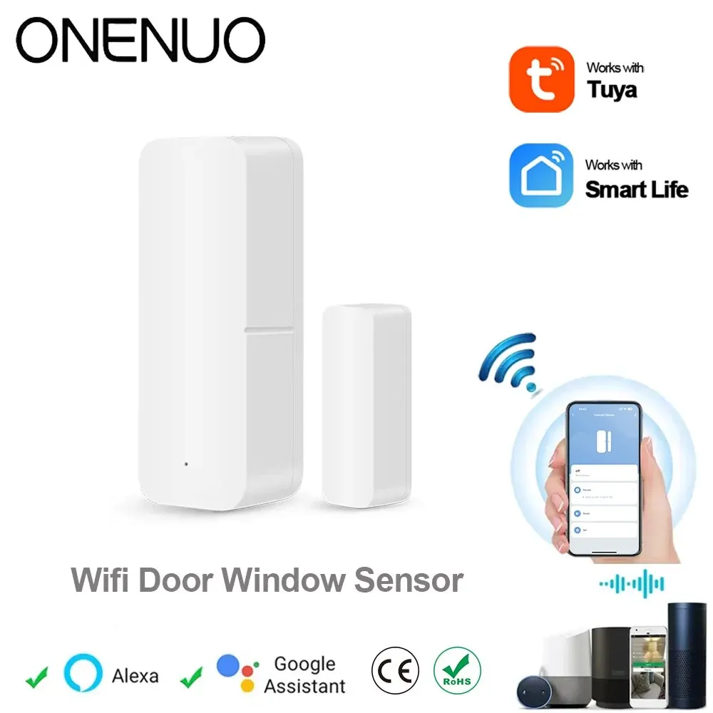 ONENUO Tuya Sensor pintu WiFi pintar detektor buka tutup hidup pintar aplikasi pemberitahuan kontrol kompatibel dengan Alexa Google rumah