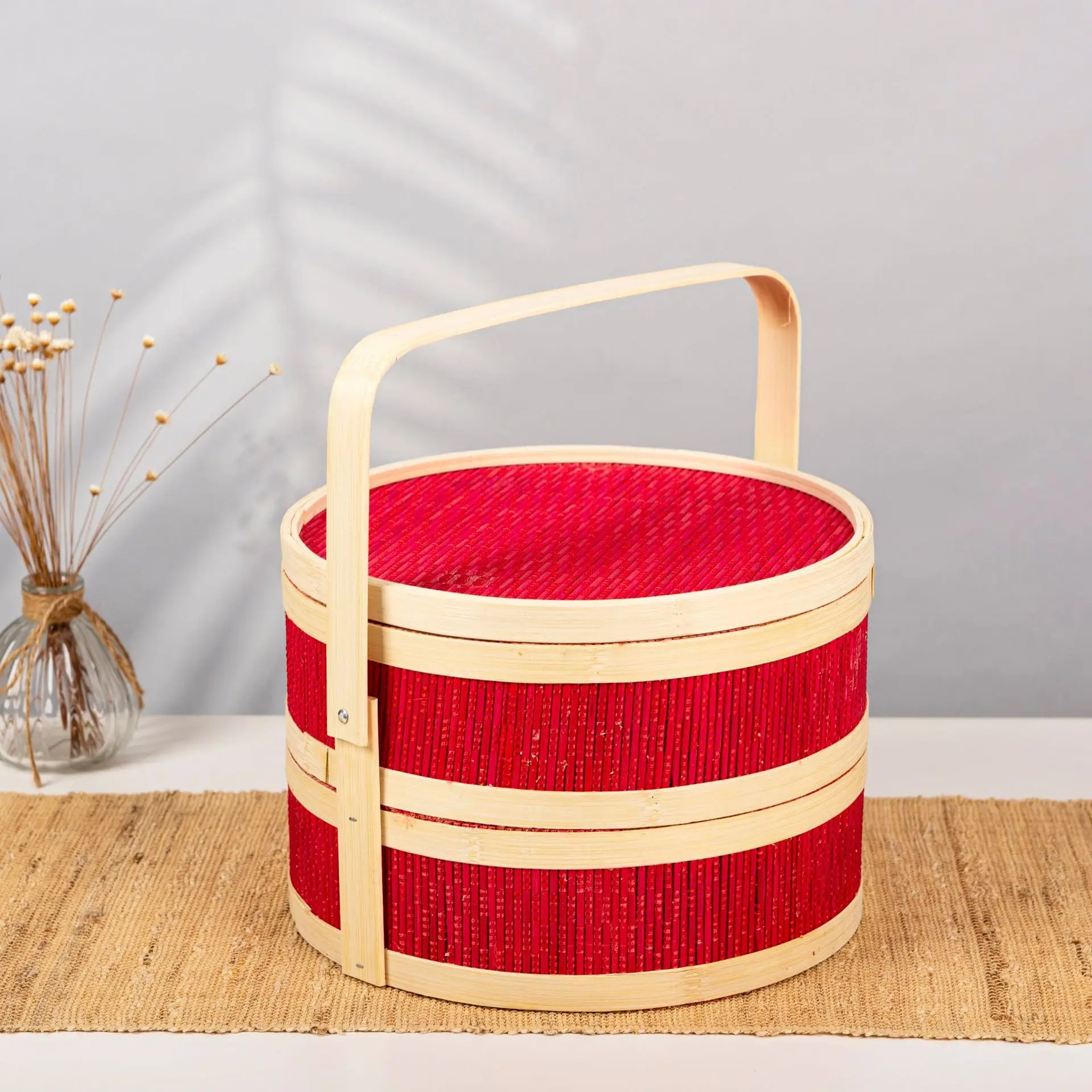 

Red Round Bamboo Woven Basket Serving with Top Handle Diy Portable Double Layer Picnic Basket for Tea Food Lunch Festive NewYear