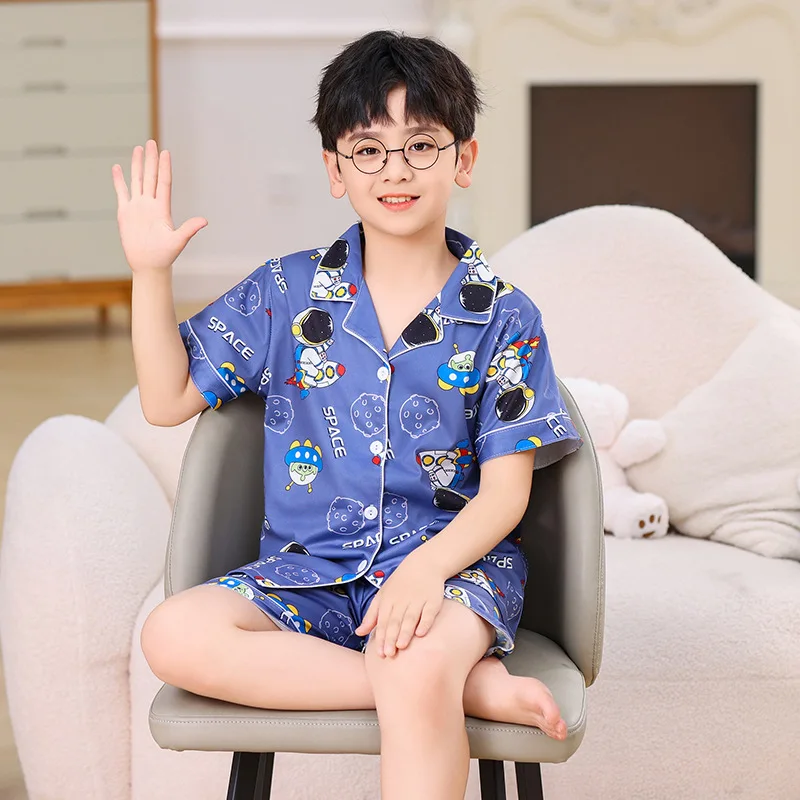 

Детский летний комплект с короткими рукавами, тонкий стильный кардиган, одежда для мальчиков, пижамы с лацканами для девочек, одежда для малышей, летняя одежда