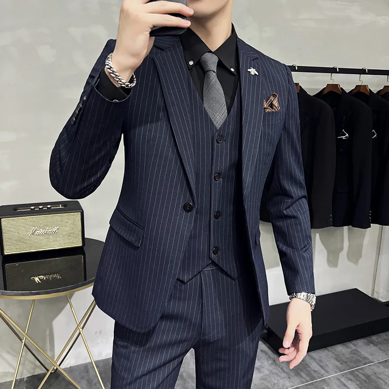 2023 men\'s suit striped slim wedding dress suit 3-piece suit men\'s business casual classic fashion tuxedo (suit+vest+pants)M-4XL