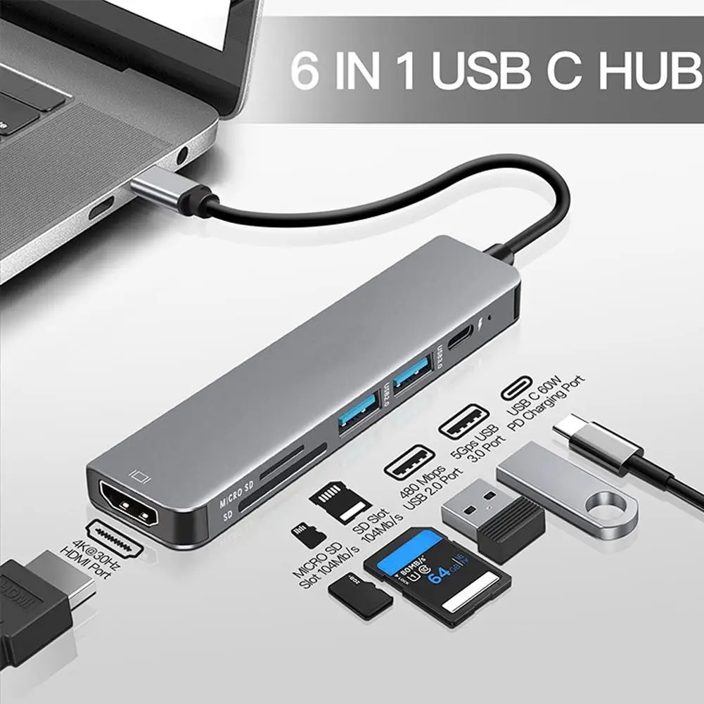 Multifunctional Expansion Dock Six-in-one Type-c Hub 3.0 HUB Splitter Dual Card Slot 4K 30Hz  Ultra-high Definition Resolution