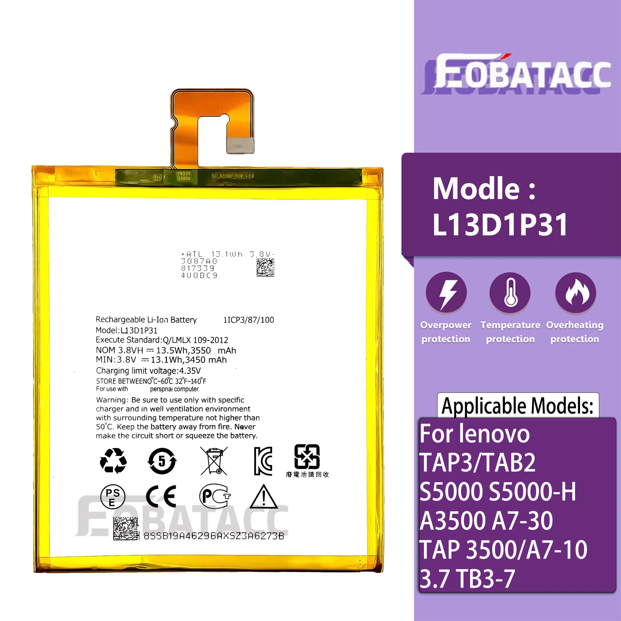 

100% New Original Battery L13D1P31 For lenovo TAP3/TAB2/S5000 S5000-H A3500 A7-30/TAP 3500/A7-10/3.7 TB3-7Battery + Free Tools