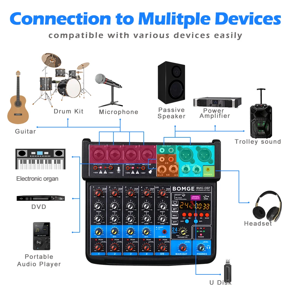 BOMGE-Mini DJ Sound Mixer, 6 canais, 24 DSP, interface de áudio com MP3, USB, Bluetooth, gravação estéreo, 48V Phantom Power para Karaoke