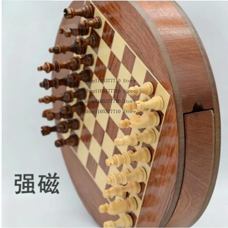 Magnetic Rotating Chess Set, Round Wooden Board with Spinning Drawer Storage, 32 Magnetic Pieces Travel Game