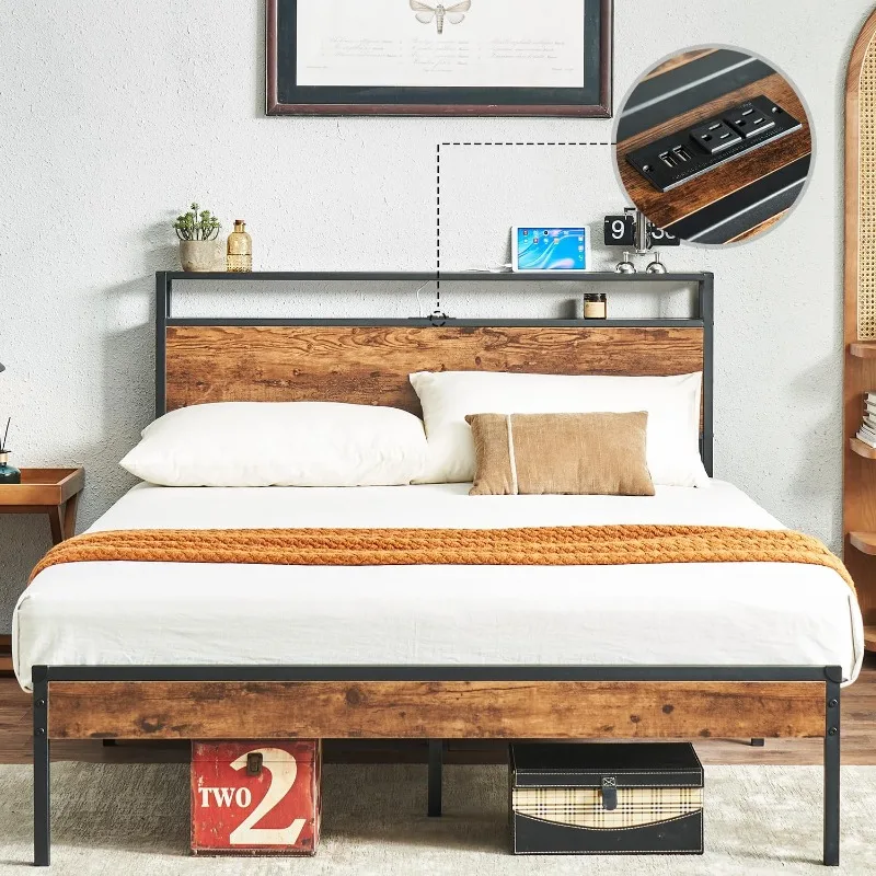 

Bed Frame with 2-Tier Storage Headboard and Power Outlets, USB Ports Charging Station, Easy Assembly, No Box Spring Needed