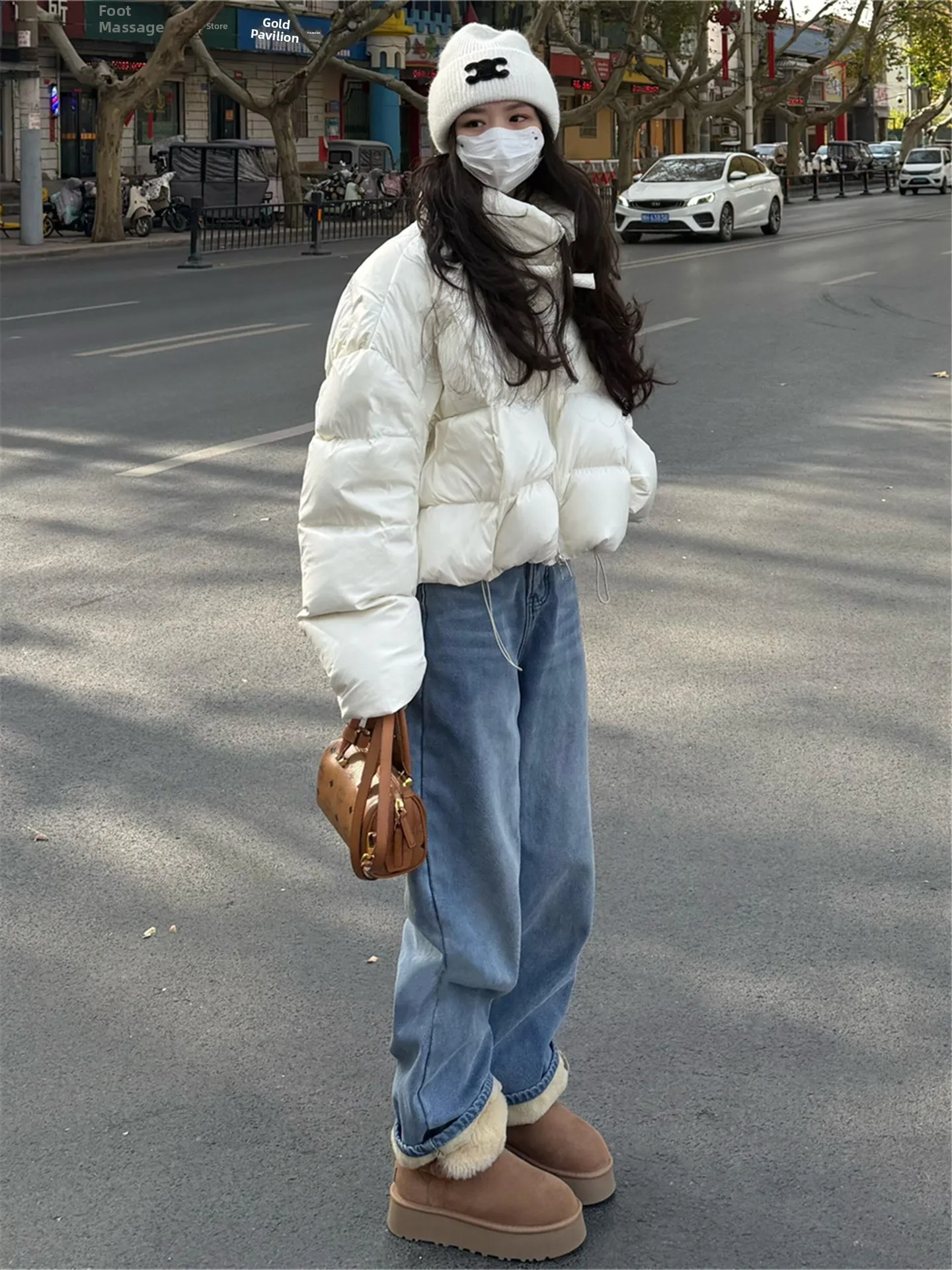 

American Street Style Light Blue Thickened Fleece High Waist Straight Leg Jeans Women's Winter Slimming Wide Leg Floor-Length...